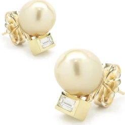 14 Karat Yellow Gold Golden Pearl and Diamond Stud Earrings