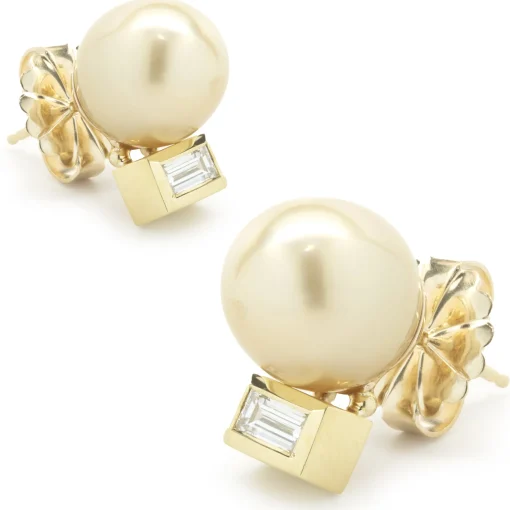 14 Karat Yellow Gold Golden Pearl and Diamond Stud Earrings
