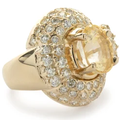 14 Karat Yellow Gold Golden Sapphire and Pave Diamond Ring