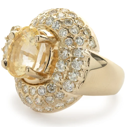 14 Karat Yellow Gold Golden Sapphire and Pave Diamond Ring