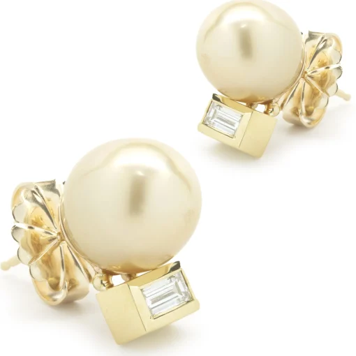 14 Karat Yellow Gold Golden Pearl and Diamond Stud Earrings