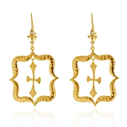 14 Karat Yellow Gold Hammered Fluer de Lis Cross Drop Earrings
