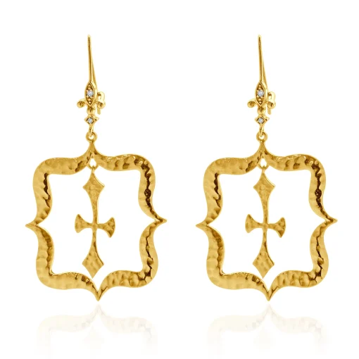 14 Karat Yellow Gold Hammered Fluer de Lis Cross Drop Earrings