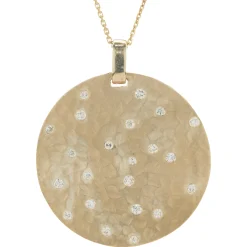 14 Karat Yellow Gold Hammered Diamond Sprinkle Disc Pendant