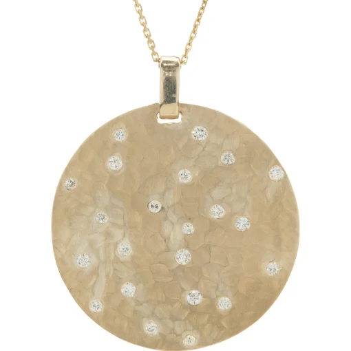 14 Karat Yellow Gold Hammered Diamond Sprinkle Disc Pendant