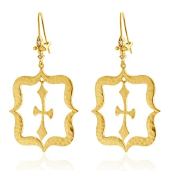 14 Karat Yellow Gold Hammered Fluer de Lis Cross Drop Earrings