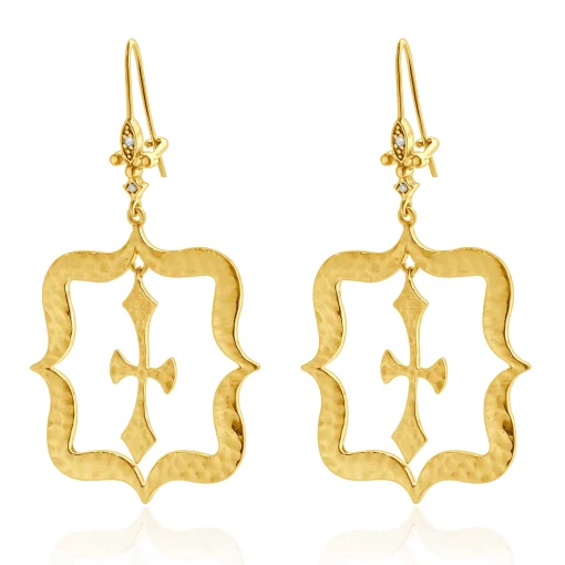 14 Karat Yellow Gold Hammered Fluer de Lis Cross Drop Earrings