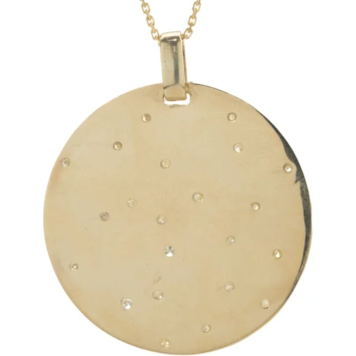 14 Karat Yellow Gold Hammered Diamond Sprinkle Disc Pendant