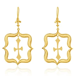 14 Karat Yellow Gold Hammered Fluer de Lis Cross Drop Earrings