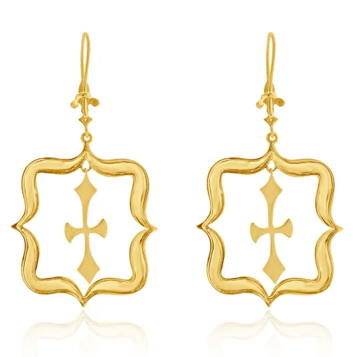 14 Karat Yellow Gold Hammered Fluer de Lis Cross Drop Earrings