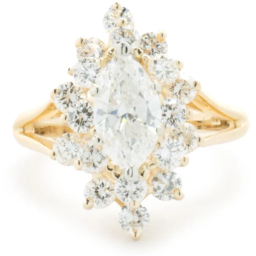 14 Karat Yellow Gold Marquise Cut Diamond Cocktail Ring with Diamond Halo