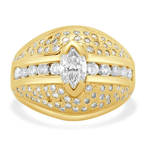 14 Karat Yellow Gold Marquise Cut Pave Diamond Dome Ring