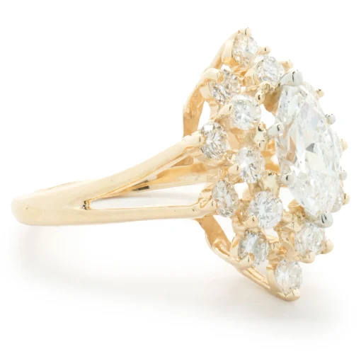 14 Karat Yellow Gold Marquise Cut Diamond Cocktail Ring with Diamond Halo