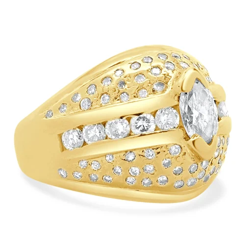14 Karat Yellow Gold Marquise Cut Pave Diamond Dome Ring