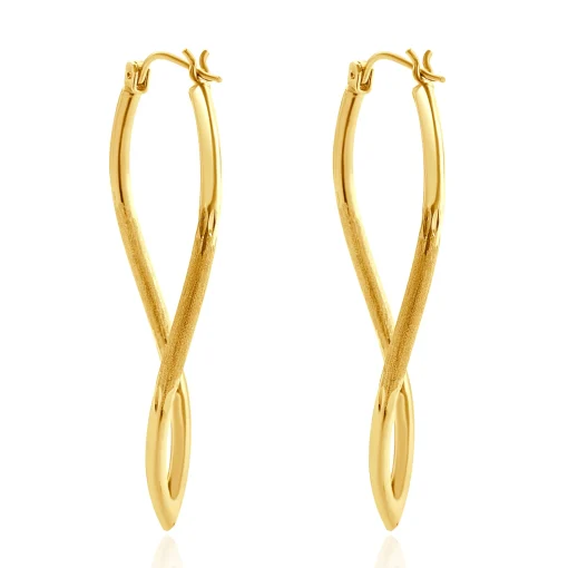 14 Karat Yellow Gold Navette Twist Hoop Earrings