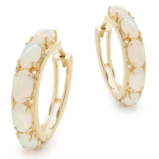 14 Karat Yellow Gold Opal Huggie Hoop Earrings