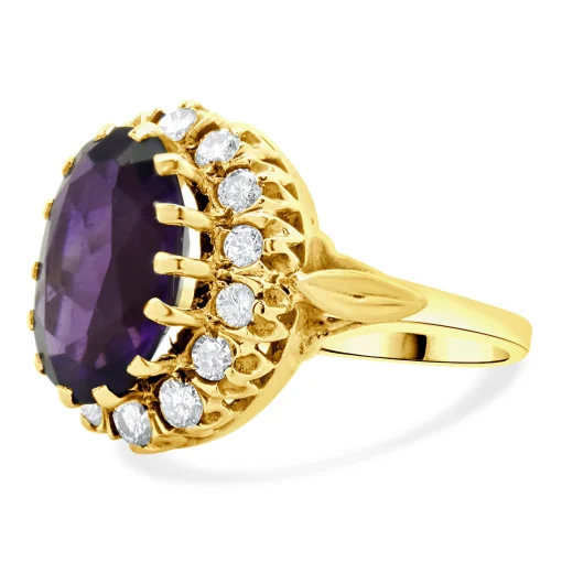 10 Karat Yellow Gold Oval Amethyst and Diamond Cocktail Ring