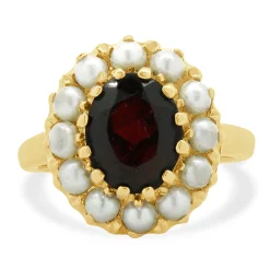 14 Karat Yellow Gold Oval Garnet and Pearl Halo Ring