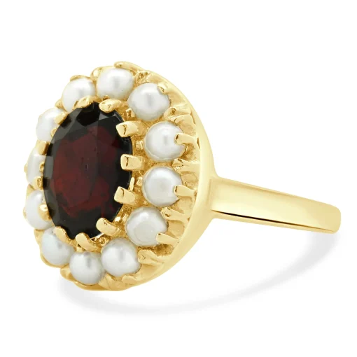 14 Karat Yellow Gold Oval Garnet and Pearl Halo Ring