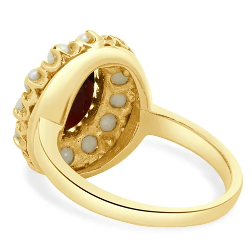 14 Karat Yellow Gold Oval Garnet and Pearl Halo Ring