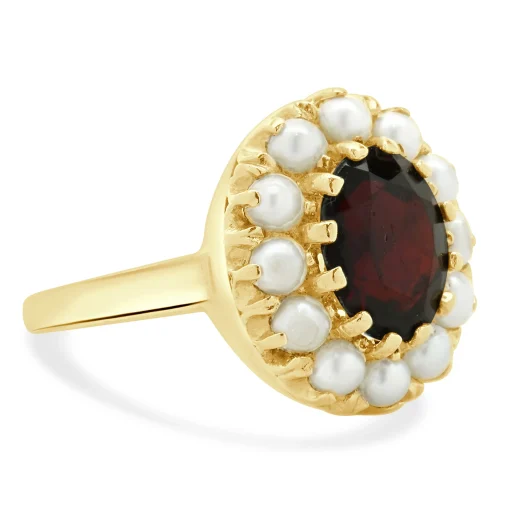 14 Karat Yellow Gold Oval Garnet and Pearl Halo Ring