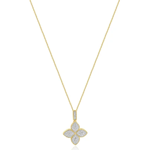 14 Karat Yellow Gold Pave Diamond Quatrefoil Necklace