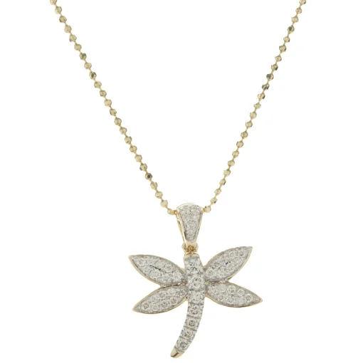 14 Karat Yellow Gold Pave Diamond Dragonfly Necklace