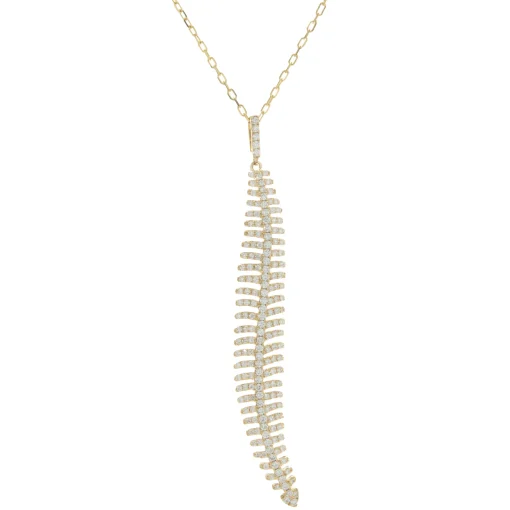 18 Karat Yellow Gold Pave Diamond Feather Drop Necklace