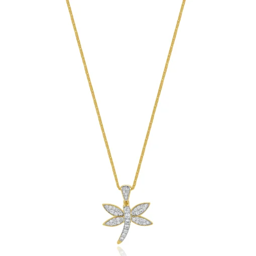 14 Karat Yellow Gold Pave Diamond Dragonfly Necklace