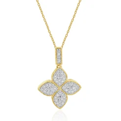 14 Karat Yellow Gold Pave Diamond Quatrefoil Necklace