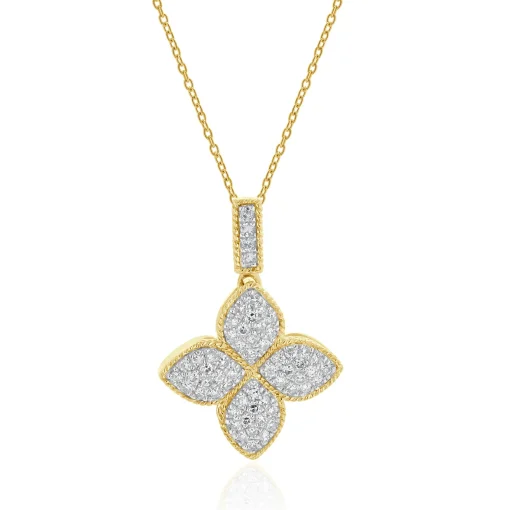 14 Karat Yellow Gold Pave Diamond Quatrefoil Necklace