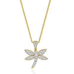 14 Karat Yellow Gold Pave Diamond Dragonfly Necklace