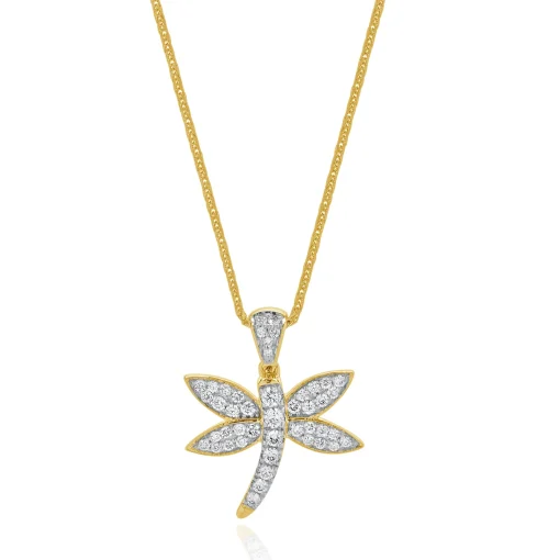 14 Karat Yellow Gold Pave Diamond Dragonfly Necklace