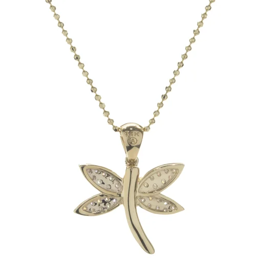 14 Karat Yellow Gold Pave Diamond Dragonfly Necklace