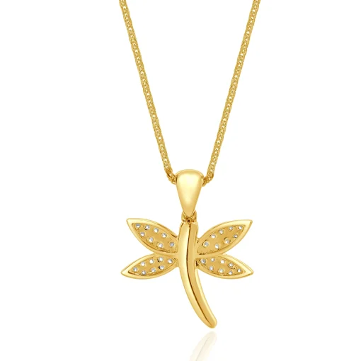 14 Karat Yellow Gold Pave Diamond Dragonfly Necklace