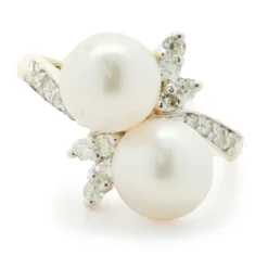 14 Karat Yellow Gold Pearl and Diamond Bypass Ring