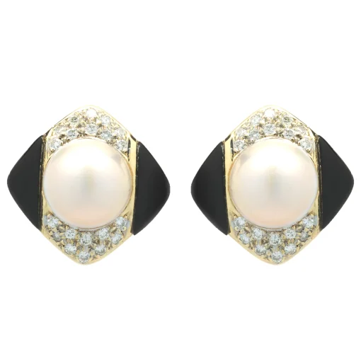 14 Karat Yellow Gold Pearl, Diamond and Black Onyx Earrings