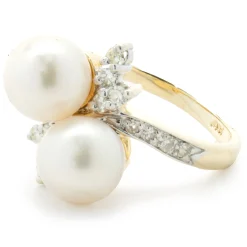 14 Karat Yellow Gold Pearl and Diamond Bypass Ring