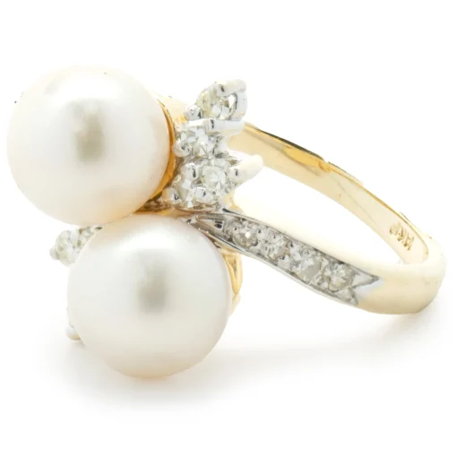 14 Karat Yellow Gold Pearl and Diamond Bypass Ring