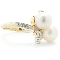 14 Karat Yellow Gold Pearl and Diamond Bypass Ring