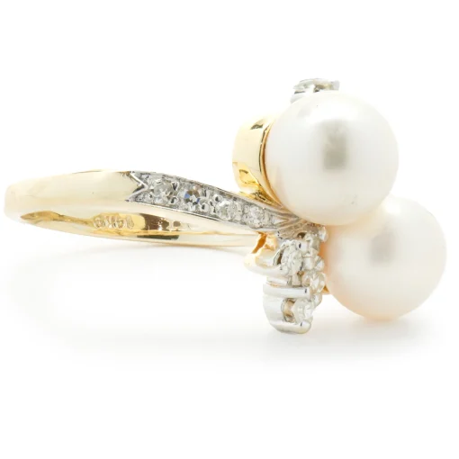 14 Karat Yellow Gold Pearl and Diamond Bypass Ring