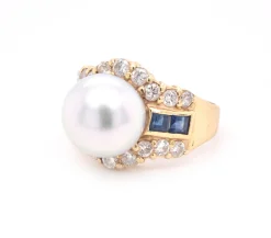 14 Karat Yellow Gold Pearl, Diamond, and Sapphire Fashion Ring
