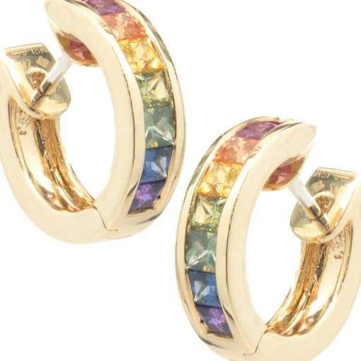 18 Karat Yellow Gold Rainbow Sapphire Huggie Hoop Earrings