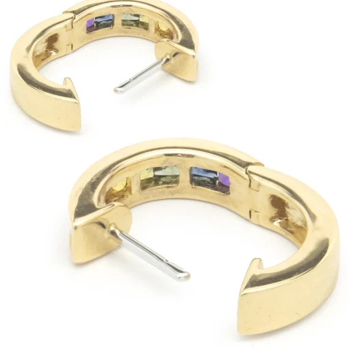 18 Karat Yellow Gold Rainbow Sapphire Huggie Hoop Earrings