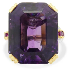 14 Karat Yellow Gold Retro Amethyst and Diamond Cocktail Ring