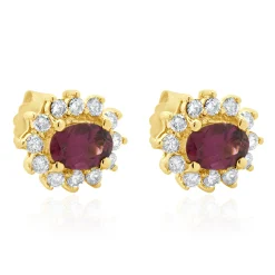 14 Karat Yellow Gold Rubellite Tourmaline and Diamond Stud Earrings