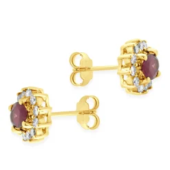 14 Karat Yellow Gold Rubellite Tourmaline and Diamond Stud Earrings