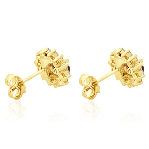14 Karat Yellow Gold Rubellite Tourmaline and Diamond Stud Earrings