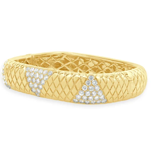 14 Karat Yellow Gold Snake Skin Textured Diamond Squared Bangle Bracelet