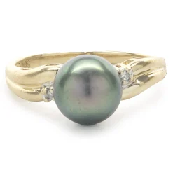 14 Karat Yellow Gold Tahitian Pearl and Diamond Ring